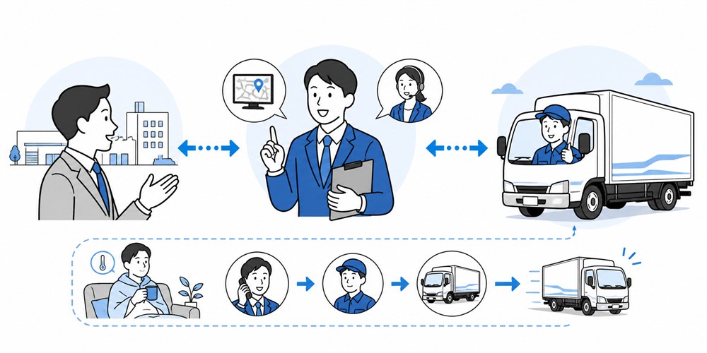 荷主企業様とドライバーをつなぐ専任管理社員と欠勤時の代替手配